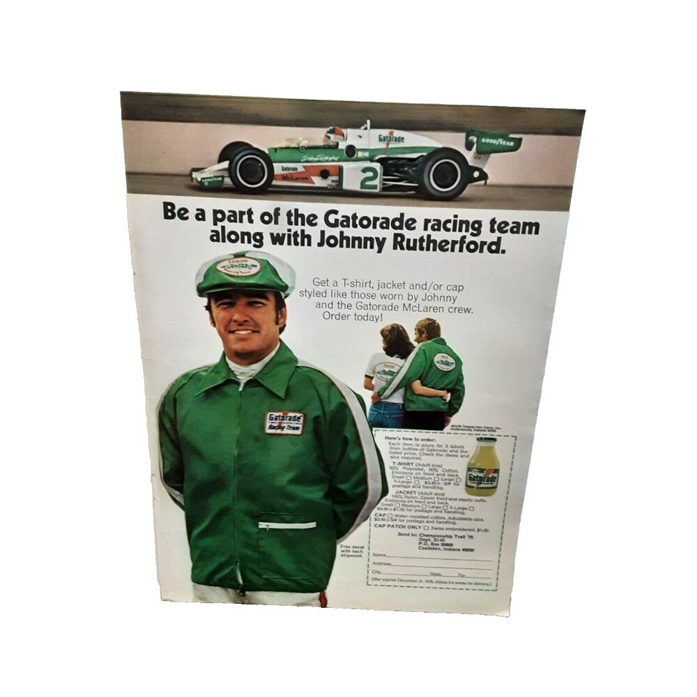 1975 Gatorade Crew Jacket Johnny Rutherford McLaren Racing Original Print Ad 70s